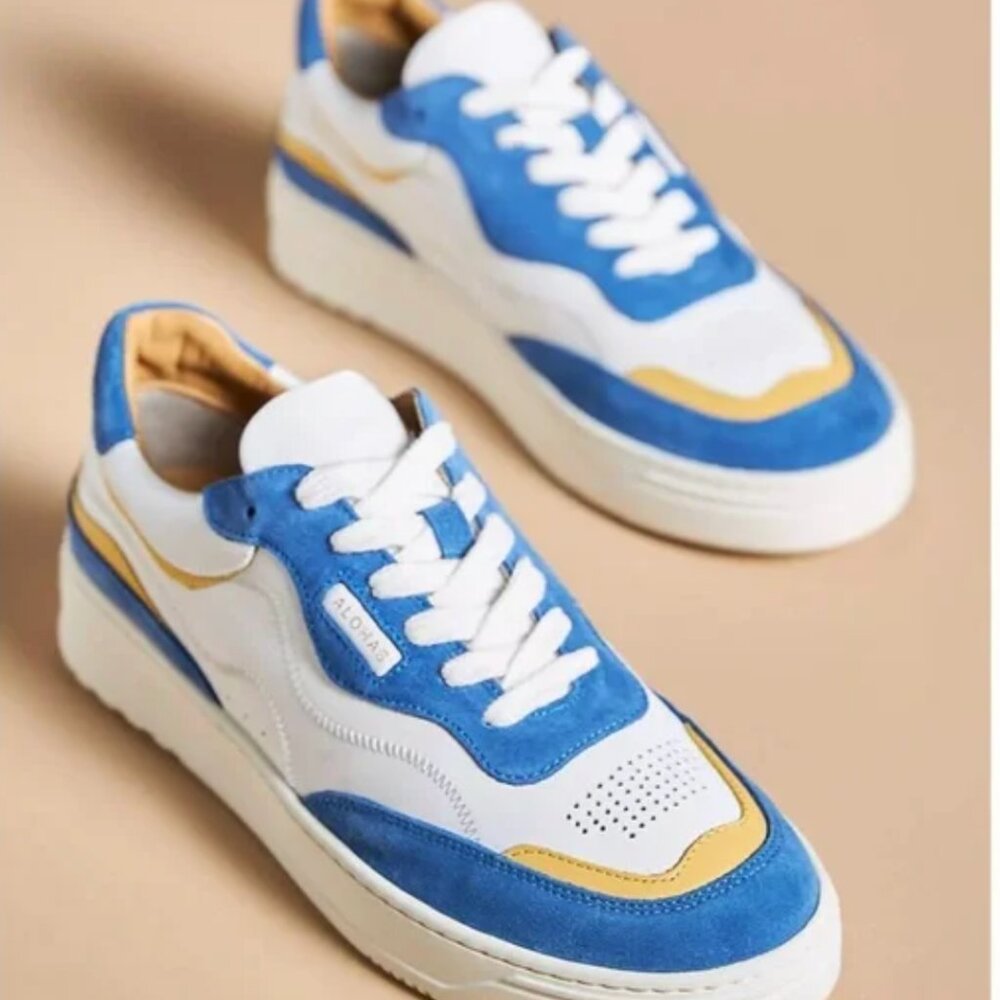 Alohas Women's White Blue Leather Rubber Sole Low Top Sports Sneakers